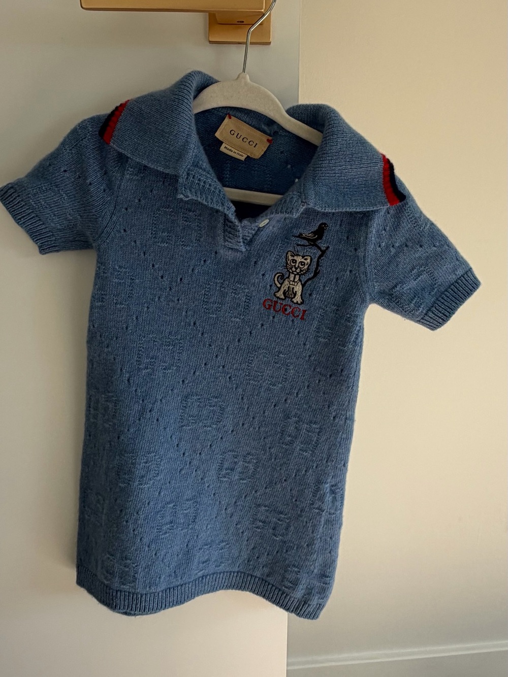 Gucci Light Blue Kids Polo Dress with Embroidered Cat